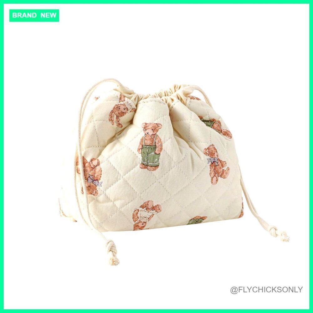 Quilted Drawstring Makeup Bag Canvas Lining Travel Toiletry Cosmetic